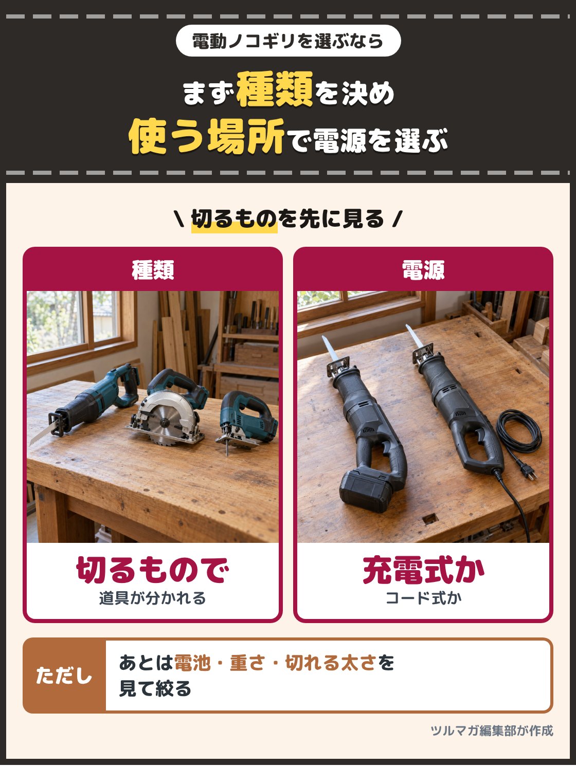 レシプロソーと丸ノコとジグソーを並べた写真と、充電式とコード式のレシプロソーを並べた写真。電動ノコギリは、まず切るものに合う種類を決め、次に使う場所に合う電源を選ぶと絞れる