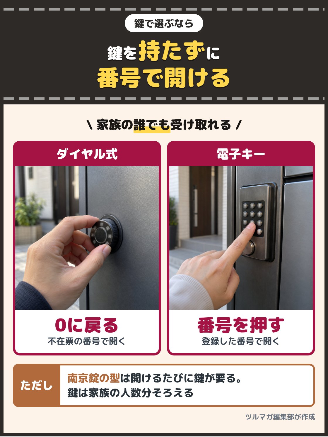 宅配ボックスの扉に付いたダイヤル式の鍵と、数字のボタンが並んだ電子キーの写真。家族の誰が受け取っても鍵を持たずに開けられるよう、開けると番号が0に戻るダイヤル式か、登録した番号を押す電子キーを選ぶ。南京錠の型は開けるたびに鍵が要る