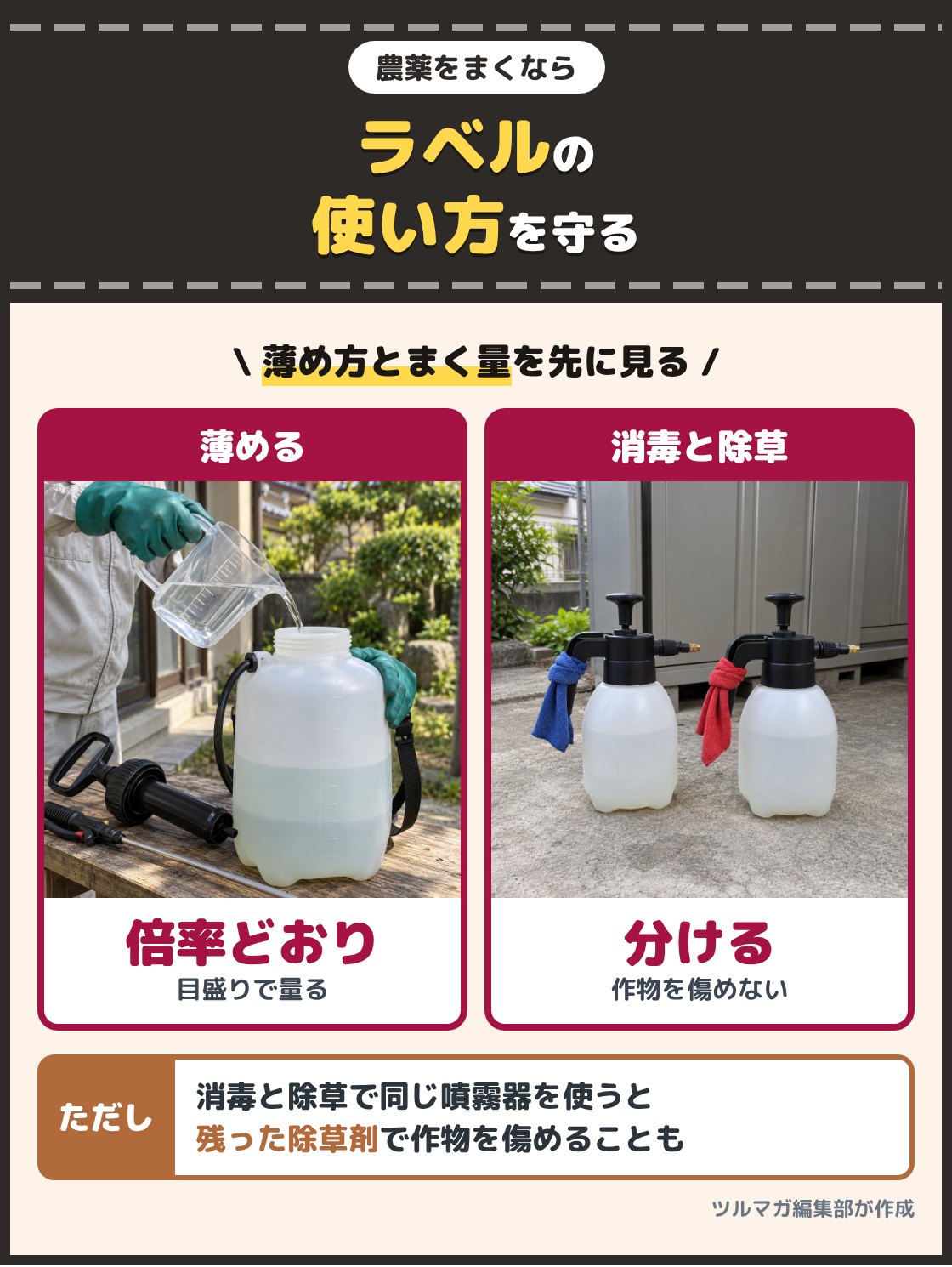 計量カップで量った液を噴霧器のタンクに注ぐ手元の写真と、消毒用と除草用の2台の噴霧器を並べた写真。農薬や除草剤はラベルに書かれた薄め方、まく量、使える作物と場所を守る。消毒と除草で同じ噴霧器を使うと作物を傷めることがあるので、分ける