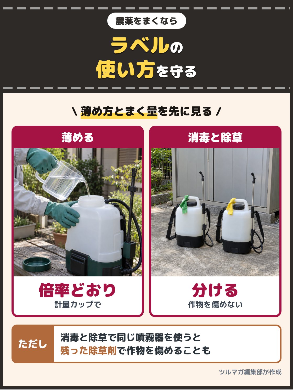 計量カップで薬剤を量ってタンクに入れる手元の写真と、消毒用と除草用の2台の噴霧器を並べた写真。農薬や除草剤は容器のラベルに書かれた薄め方、まく量、使える作物と場所を守る。消毒と除草で同じ噴霧器を使うと作物を傷めることがあるので、噴霧器を分ける