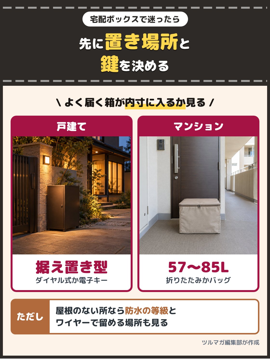 夕方の戸建ての門まわりの宅配ボックスと、マンションの玄関前の折りたたみの宅配ボックスの写真。戸建てはダイヤル式か電子キーの据え置き型、マンションや賃貸は57Lから85Lの折りたたみ型かバッグ型が合う。どの型も、よく届く箱が内寸に収まるかを確かめる