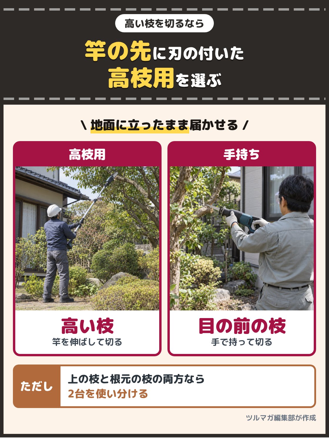 竿の先に刃の付いた高枝用の電動ノコギリで高い枝を切る人と、手に持ったレシプロソーで目の前の枝を切る人の写真。手の届かない高さの枝は、竿の先に刃が付いた高枝用を選ぶ